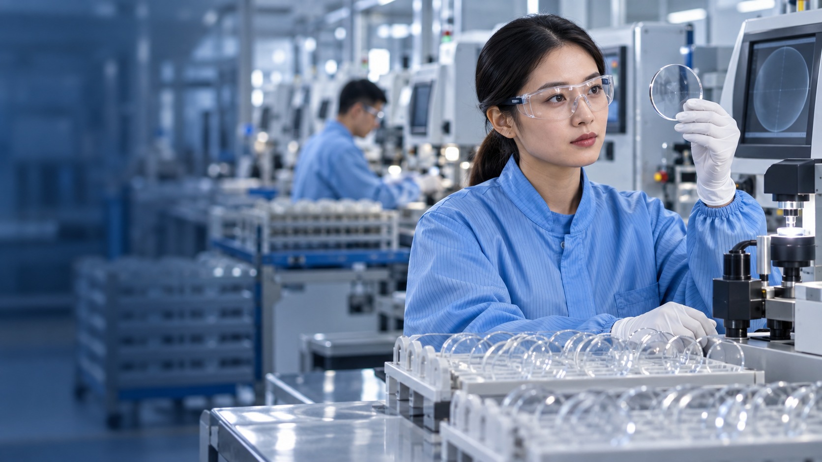 Optical lens manufacturing and inspection; illustrative scene